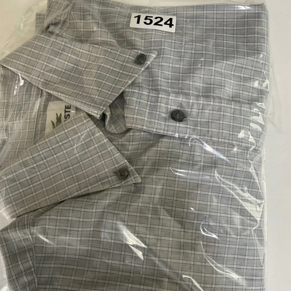 Lacoste Mens Grey Micro Check Button Down Shirt 38 M Long Sleeve‎ Cotton F5182